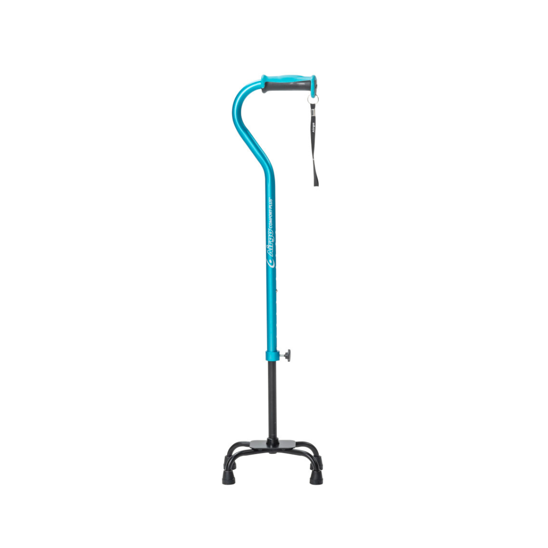 The Drive Airgo Comfort-Plus Adjustable Quad Cane in blue features an ergonomic curved handle, adjustable height, wrist strap, and four-point base for balance, displayed against a white background.